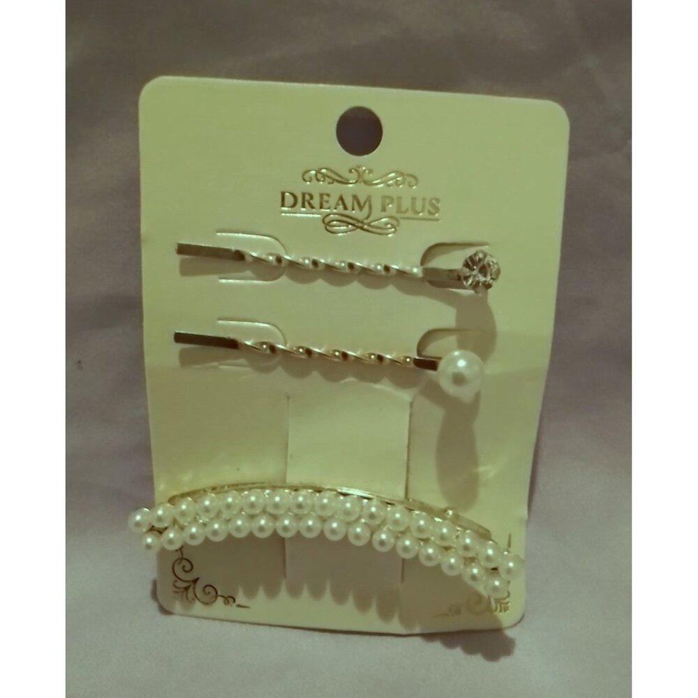 Dream Plus Elegant Faux Pearl & Rhinestone Hair Clip Barrette Bobby Pin Set